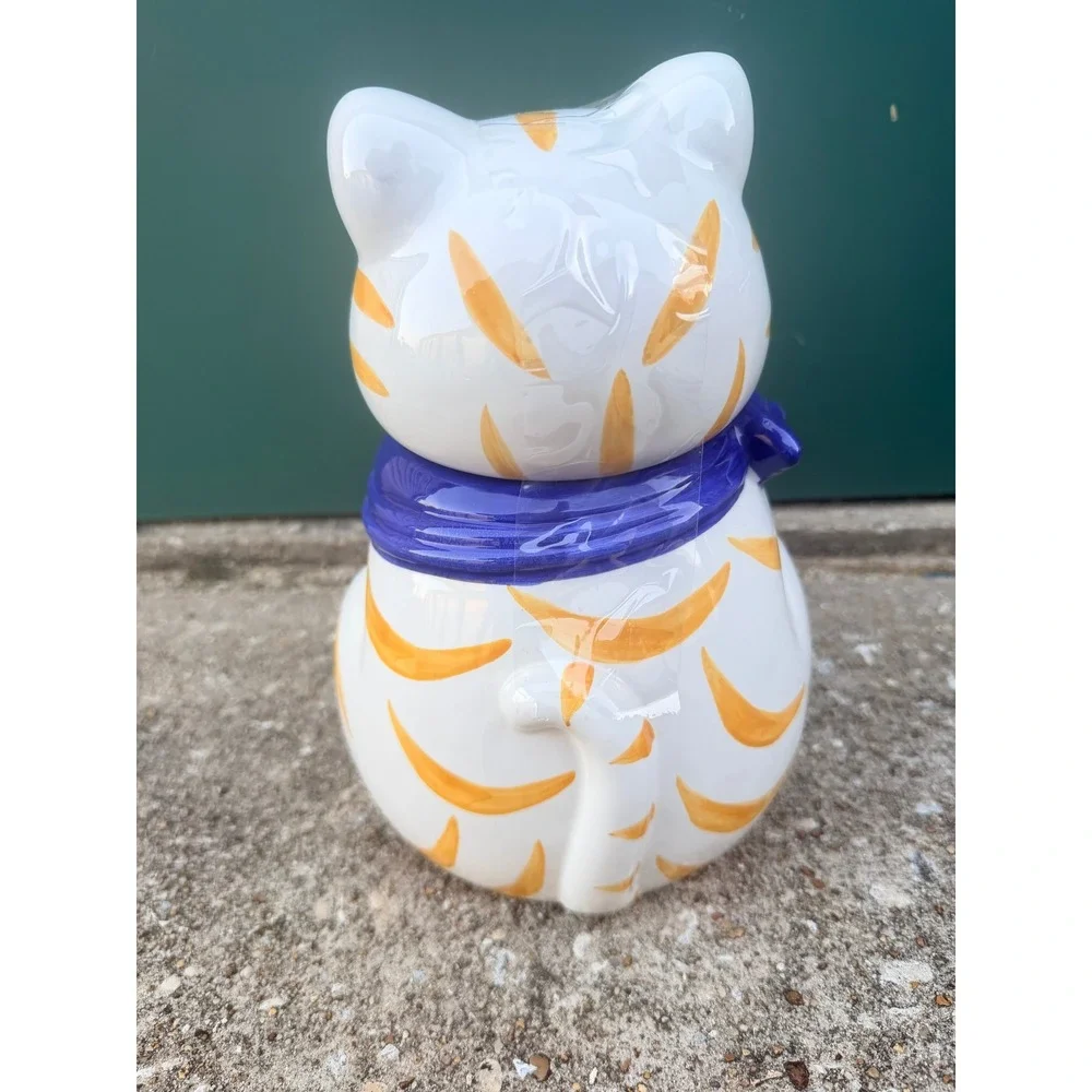 Vintage Style Ceramic White Orange Striped Cat Cookie Jar Blue Scarf 10‎ Inch